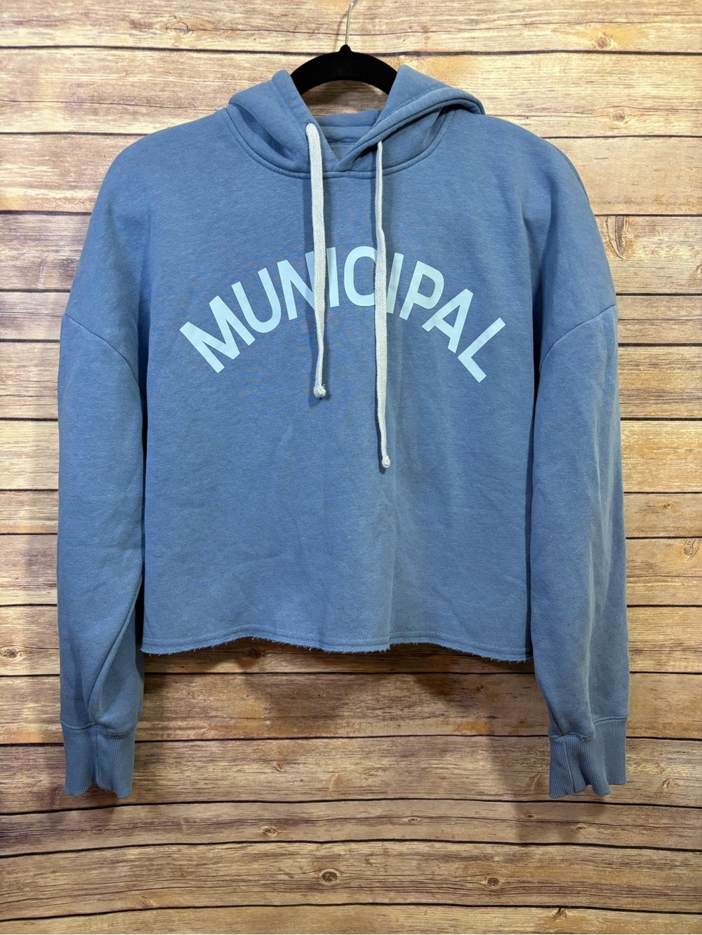 Municipal Hoodie Womens Medium Blue Pullover Fleece Cropped Graphic Logo Small